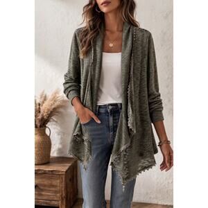 Almost Famous Olive Green Boho Crochet Laced Asymmetrical  Cardigan Womens Large